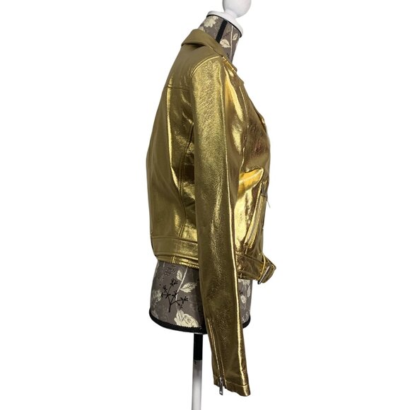 Levis Strauss Metallic Gold Faux Leather Moto Zipper Jacket Womens SZ S EUC - Picture 3 of 11